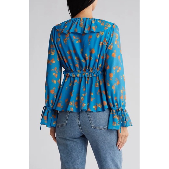 Endless Rose Golden Floral Ruffle Deep V-Neck Chiffon Top, XS - Picture 2 of 9